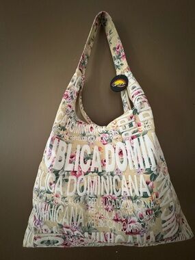 Floral 'Republica Dominicana' Canvas Tote Bag in Cream and Pink